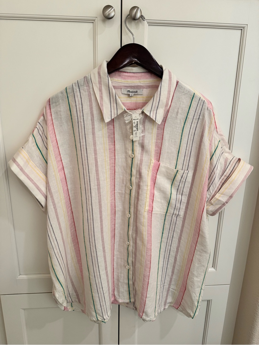 Madewell Courier Button-Back Shirt Multi Stripe Linen Blend Large NWT